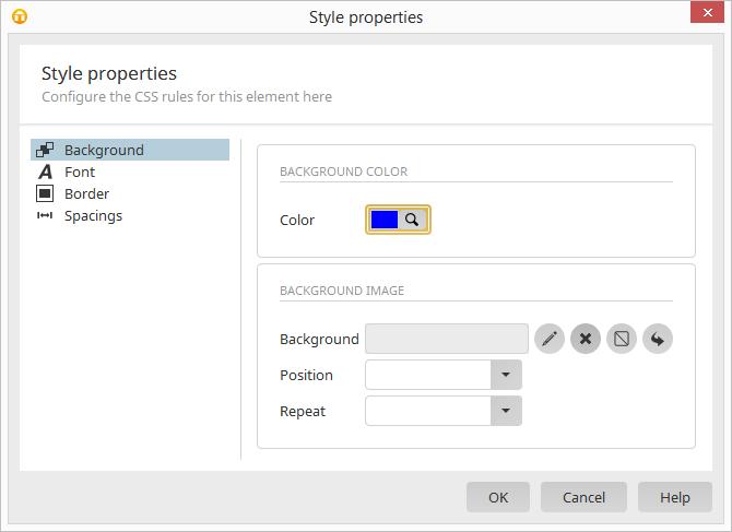 d) Show CSS properties in dialog Show CSS properties in dialog opens the style properties in a dialog, in which they may be comfortably and easily edited.