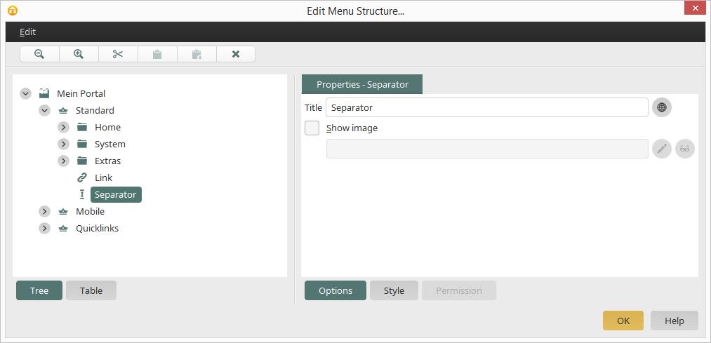8.7. Insert Separator With the menu item Edit / New / Insert Separator, separators between the menu items can be inserted. 8.8. Style If you want to output the separator as text, you can enter the text that is to be shown into the Title field.
