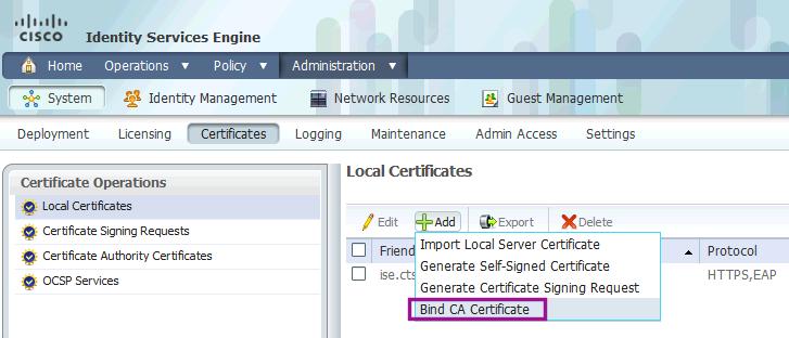 Figure 17 Bind CA Certificate Browse for the certificate issued by the CA for Cisco ISE. Select the EAP and Management Interface checkboxes. Click Submit.