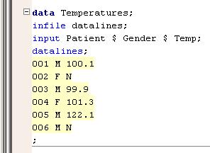 Creating informats Dataset of patient temperature readings Normal temperature coded as