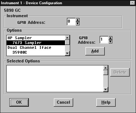 Installing the Software Configuring the 5890 GC 4. Select the Initial Screen Window Size. Normal fills most of the screen Minimized is an Icon Full screen fills the entire screen. 5. To accept the setting and display the Device Configuration dialog box, click OK.