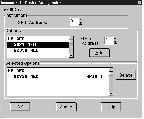 Installing the Software Installing the AED Control Module software 7. Select the 5890 GC or 6890 GC instrument option depending on which GC model you are using. 8.