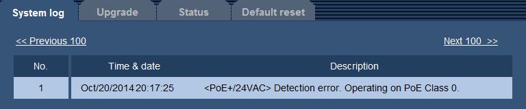 OSD to the [System log] tab on the Maintenance page. If a warning is displayed, check that the power supply supports PoE+ (IEEE802.3at compliant), or use an AC 24 V power supply.