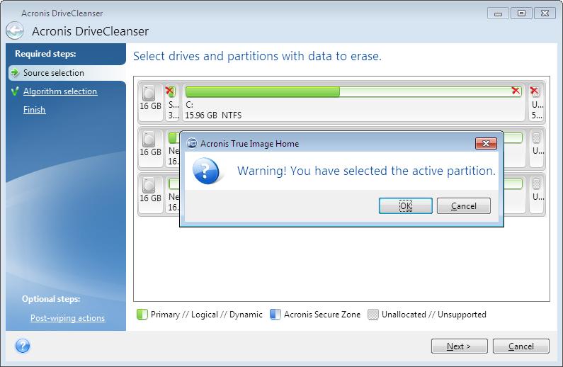 If the disks and/or partitions you have selected include the system disk or partition, you will see a warning window.