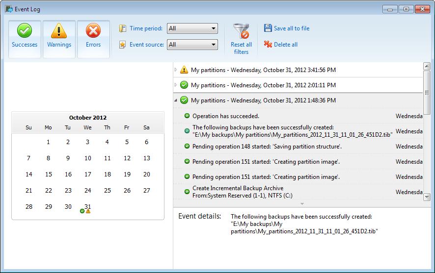 7.5 Viewing log Most True Image HD 2014 operations write their own entries in the logs. When issues with the operations occur, the log entries may provide information on their causes.