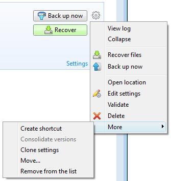 Operations menu Clicking the gear icon in the box of a selected backup or right- clicking in the free area of the box opens an Operations menu containing the following items: View log - click to open