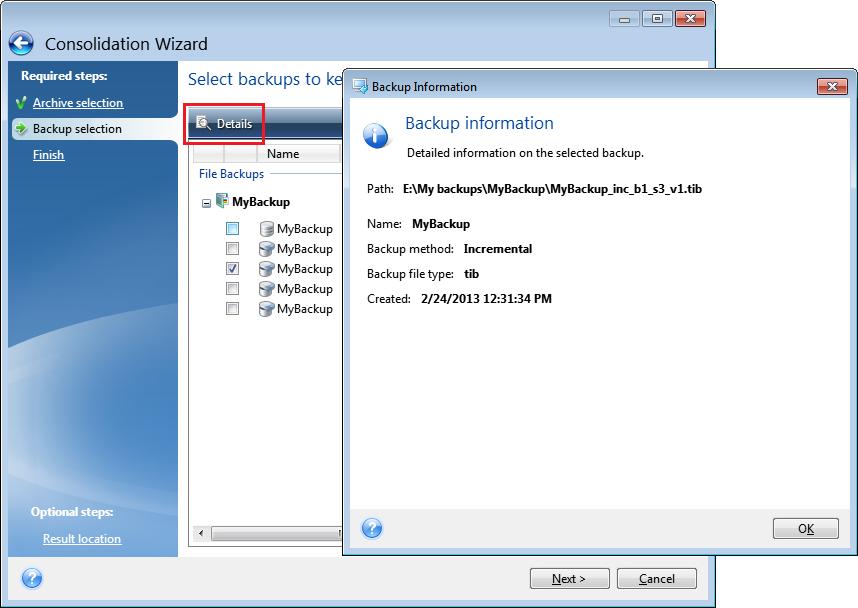 1.3.4.1 Backup information The backup information window provides detailed information about the selected backup.