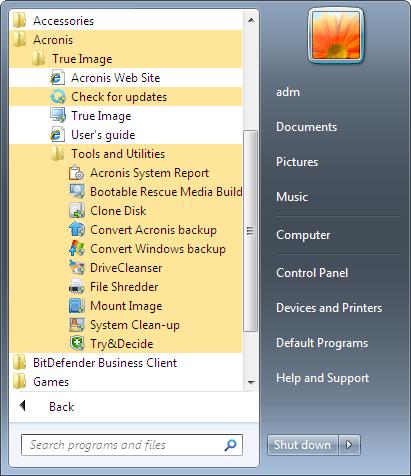 Windows Start menu The Start menu displays Acronis commands, tools and utilities. They give you access to True Image functionality, without having to start the application.
