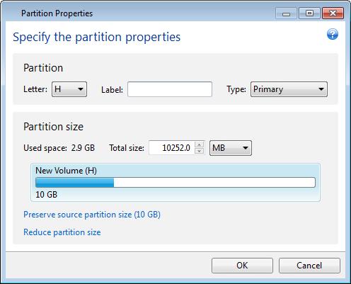 Click the Partition properties link and make the settings for the partition. Select a disk letter and partition type.