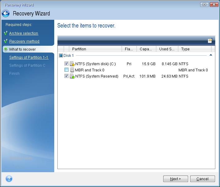 5. At the What to recover step, select the boxes of the partitions to be recovered. Do not select the MBR and Track 0 box, because this will result in selecting the entire disk for recovery.