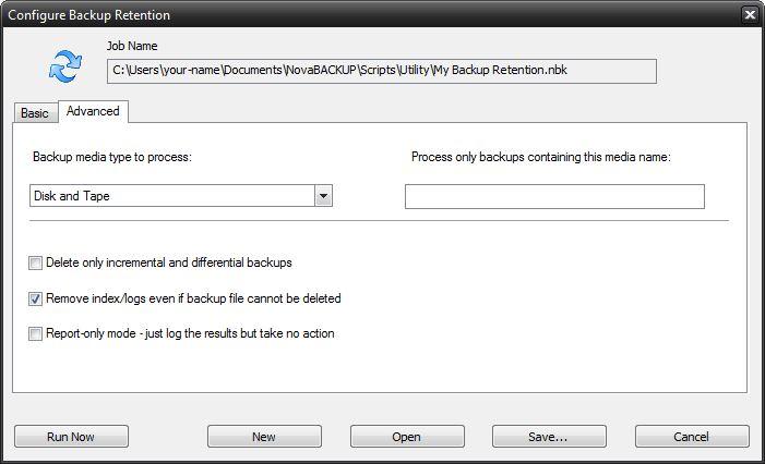 Backup Retention Advanced Tab Backup media type to process: Disk Process only backups that have been saved to disk or network. Tape Process only backups that have been saved to tape.