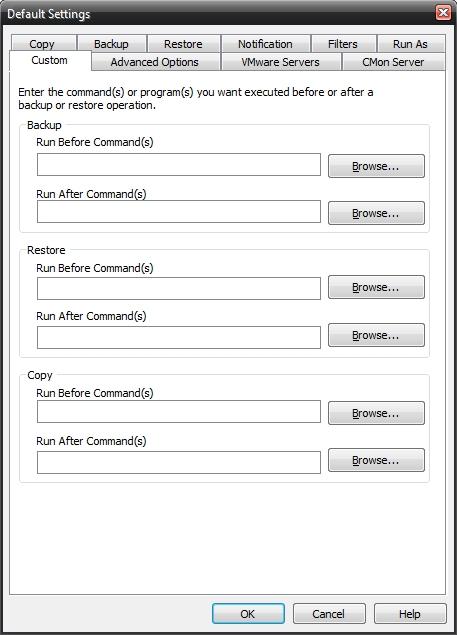 Custom Tab This feature enables a command to run before or after a backup, restore or copy job To select which program or