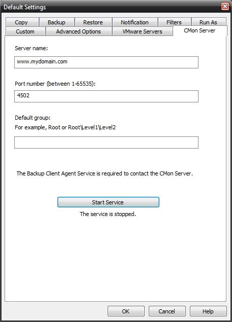 CMon Server Tab If utilizing NovaBACKUP CMon, this screen may be used to specify the server name and port to access the NovaBACKUP CMon (Central Monitoring Console) application in your environment.