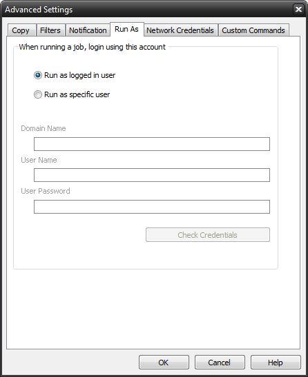 Copy Job Run As When running a job, login using this account Run as logged in user: Run the job using the Windows login credentials in effect at that time.