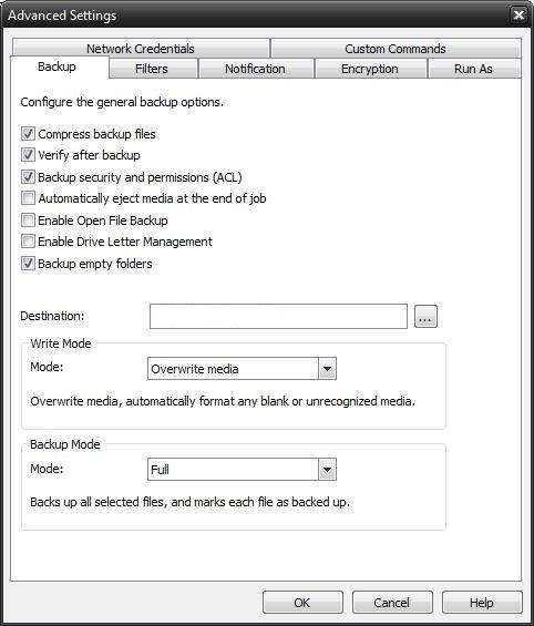 Backup Job Options Compress backup files The backup files are compressed to save space. Backup speed is decreased when this option is selected. This setting is unselected by default.