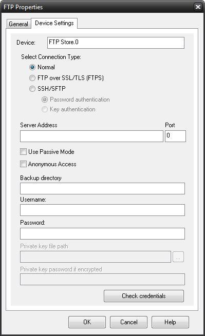 Device: Enter the name for this device Server Address: Enter the DNS Name or IP Address of the FTP server. Check the "Use Passive Mode" if required.