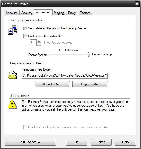 Backup operation options Send deleted file lists to the Backup Server Selecting this option will allow the backup server to be notified when files are deleted or removed from the selection list.