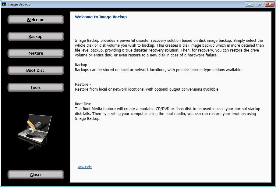 Image Backup Tool Introduction A welcome screen is presented when the Image Backup tool is launched.