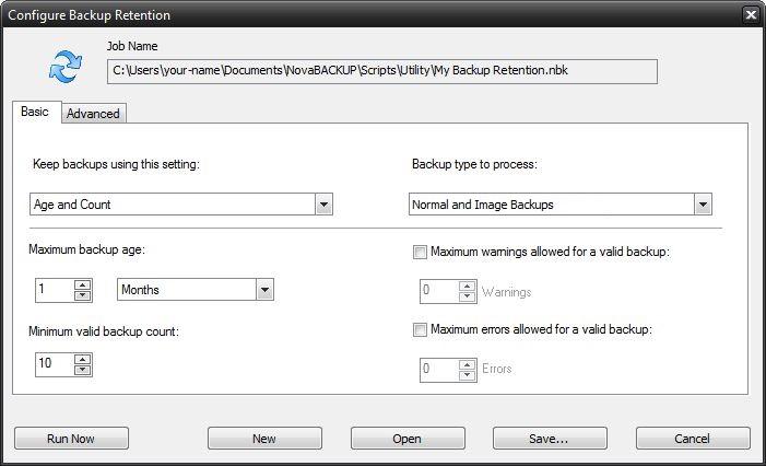 Backup Retention Basic Tab Keep backups using this setting: Age Keep backups for a specified minimum amount of time. Count Keep a specified minimum number of backups.