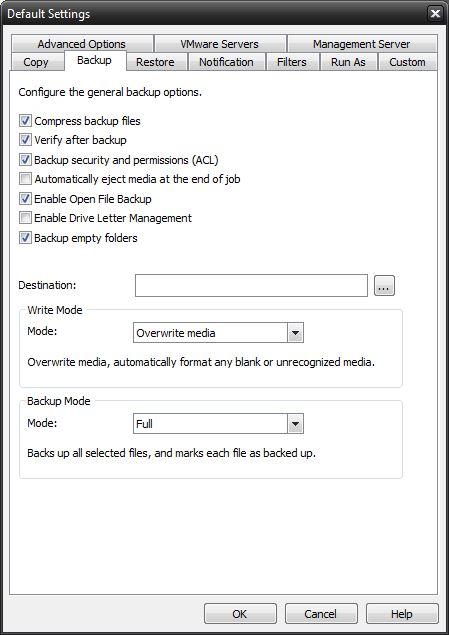 Compress backup files The backup files are compressed to save space. Backup speed is decreased when this option is selected. This setting is unselected by default.