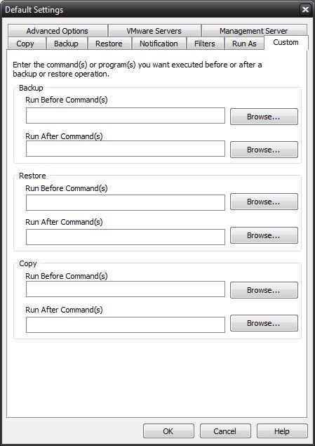Custom Tab This feature enables a command to run before or after a backup, restore or copy job To select which program or command you would like to run before or after those operations, simply browse
