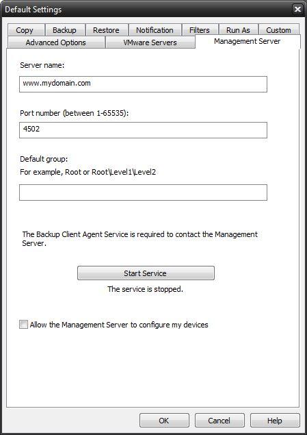 Management Server Tab For those installations accessible from a central management console, this screen may be used to specify the server name and port to access the management server.