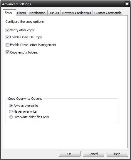 Copy Job Options Verify after copy The files that are copied will be verified to make sure that they were written correctly. Selecting this option will increase copy time.