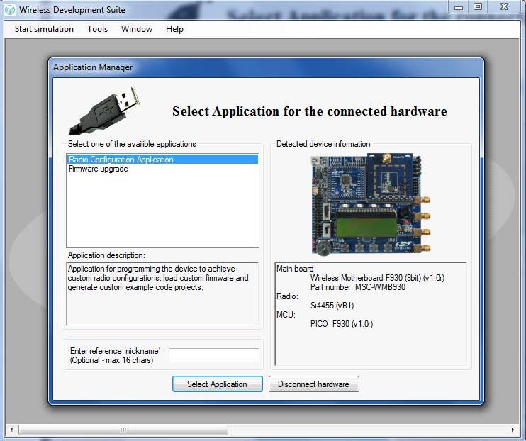 Figure 13. Select Application for Connected Hardware The available applications are discussed in detail in one of the WDS user guides relevant for the family of the connected radio chip. 4.3. Firmware Upgrade WDS is capable of loading a FW with default radio configurations to a development board without running the Radio Configuration Application or the Register Setting Panel.