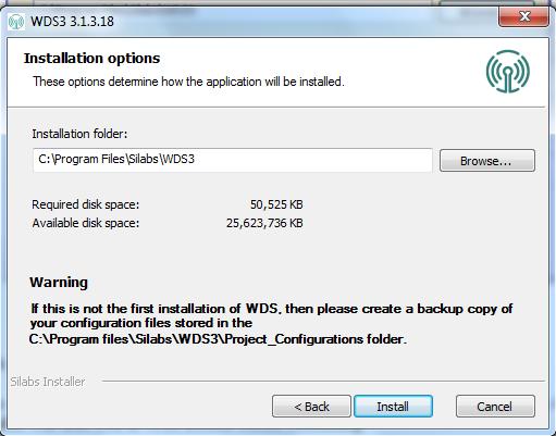 Figure 3. WDS Installation Options When your settings are confirmed, click Install to continue.
