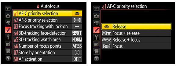 AF Priority Selection (All but D3xxx series) Next, set your AF-C priority selection (Custom Settings Menu > Autofocus > AF-C priority selection) to one of the Release modes and NOT to