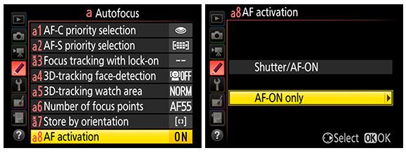 Head to the Custom Settings Menu > Autofocus > AF Activation. Once you arrive, select AF-On Only and you re all set. Really, that s all there is to it.