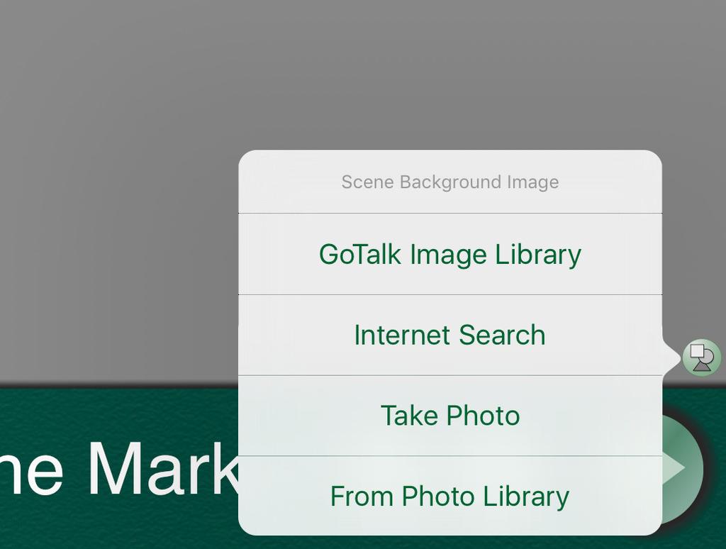 Tap the button in the bottom right corner to set the scene image. Choose an image from the GoTalk Image Library, the ipad Photo Library, or an Internet search.