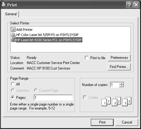 How to Print Data Note: At this point you can change a variety of printer options such as the Print Quality, number of Copies, and whether you want your copies Collated.