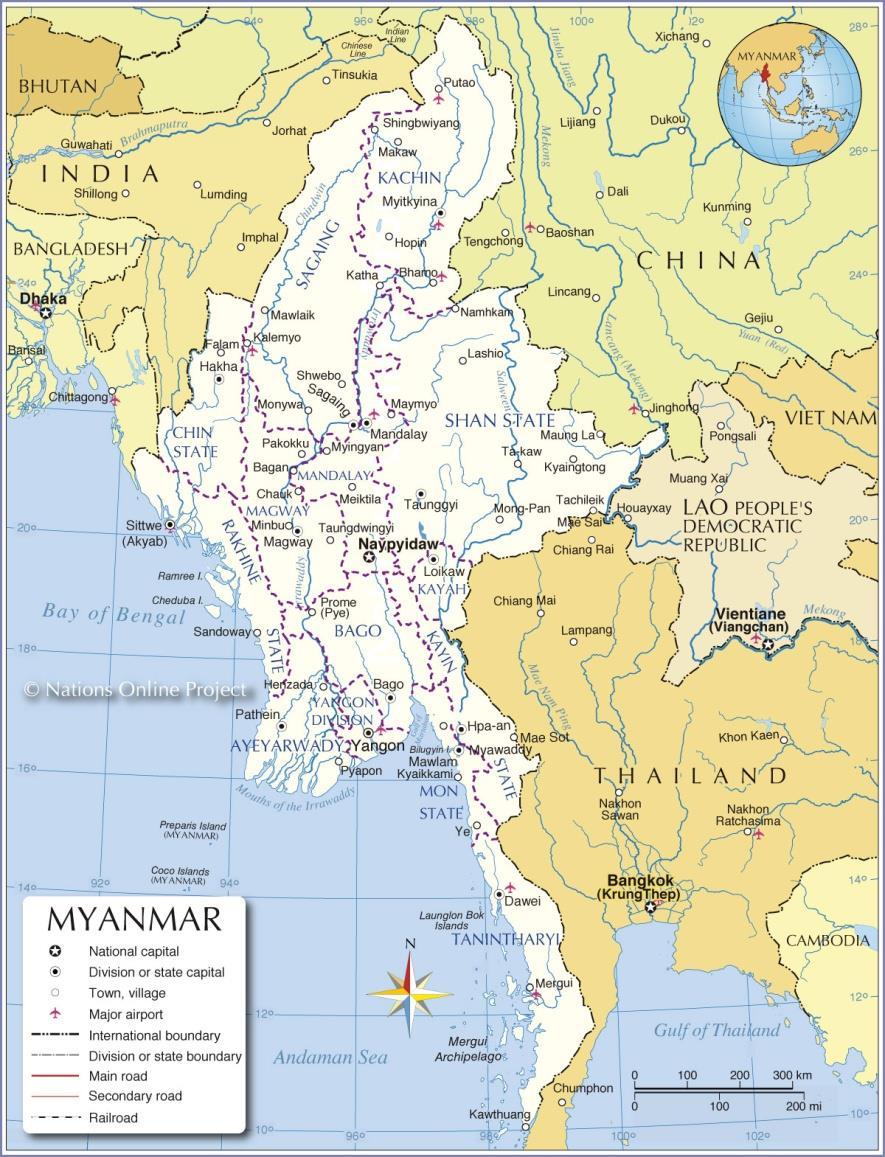 A Glance into Myanmar Geography largest on the mainland in South-East Asia total land area: 676,577 square kilometer Nay Pyi Taw, the
