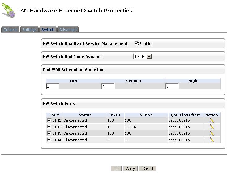 2) Pasirinkite skyrių Switch; Pav. 3-3. ETH portų priskyrimas paslaugoms (VLAN) 3) Pav. 3-3 matome Pirelli maršrutizatoriui būdingą vaizdą, LAN Bridge naudoja vidinį User VLAN (id 100).