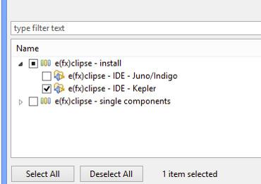 Installing JavaFX& Scene Builder In the tree of installable features, check only the entry corresponding to your release: e(fx)clipse- IDE Also, make sure the "Contact all update sites during install