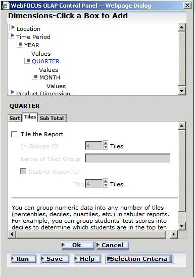 Sorting Data Procedure: How to Group Data Into Tiles in an OLAP Report 1. Open the OLAP Control Panel. 2. Select a numeric or date field from the Drill Down pane. 3. Click the Sort button.
