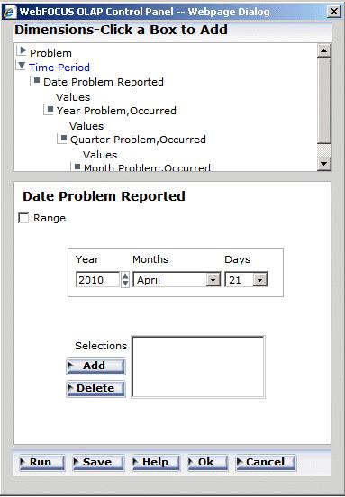 5. Analyzing Data in an OLAP Report The pane replaces the Selections Criteria pane, with a drop-down list for each selectable value (Year,