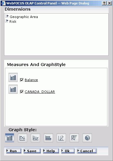 5. Analyzing Data in an OLAP Report 6. Select the check pane(s) for the measure(s) you wish to graph. The graph icon corresponding to the controlling graph style appears next to each selected measure.