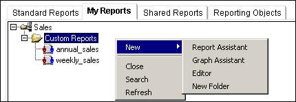 Creating a Report or Graph WebFOCUS displays a list of group folders. 3. Expand the Product Sales group folder. 4. Select Regional Product Sales. 5. Click Report Assistant to open the reporting tool.