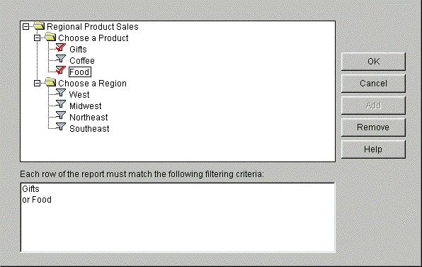 A. Using Java Applet Managed Reporting The following image shows the Filters window containing the Regional Product Sales folder where a product and a region can be chosen for filter selection.
