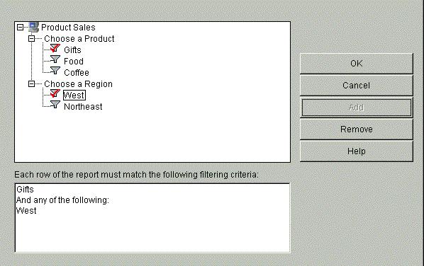 A. Using Java Applet Managed Reporting Notice that WebFOCUS displays the criterion you selected as "Gifts And any of the following: West" in the filtering criteria box, as shown in the following