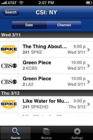 Inside the folders you may view the listings by Date or by Channel. Each entry will include the episode title, the channel, and the air date/time.