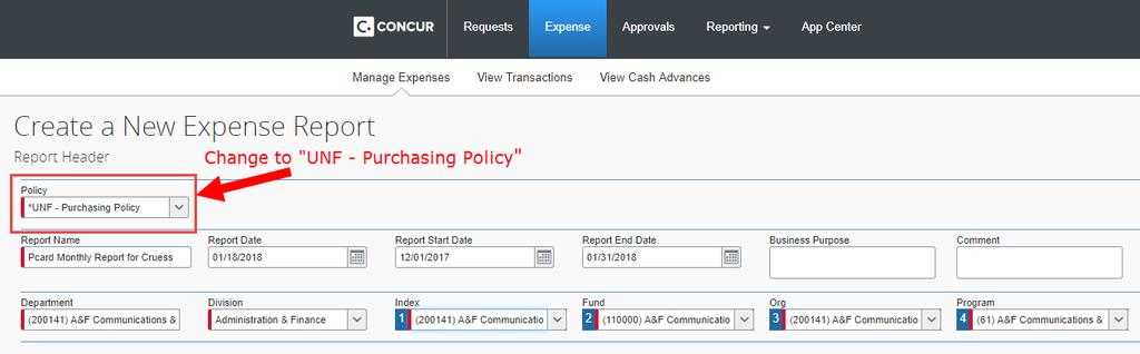 Section 10: P-Card Purchases for Non-Travel Step 1: Creating a Purchasing Policy Report 1. On the Expense tab, click Create New Report. 2.
