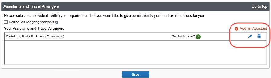 You can add or remove assistants and determine whether they can book travel on