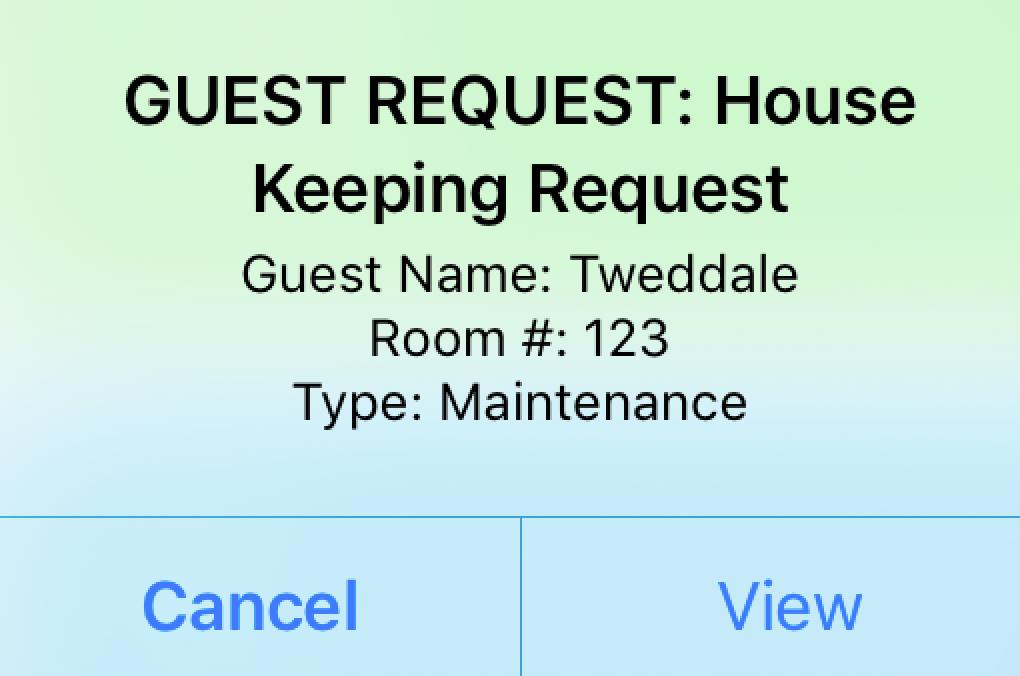 Department Guest name Room number Type of request Press the View button to see the Request Details screen.