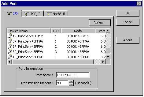 Select one printer server port from the list, which is now connected to (one of) your printer(s), as shown in the following picture.