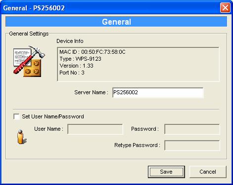 7.5 General Configuration Double Click General icon and the General configuration window will pop-up. You can see basic printer server information in this page.