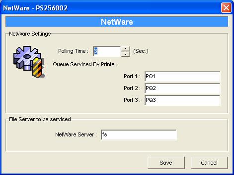 7.7 Netware Printer server Configuration Double Click NetWare icon and the NetWare configuration window will pop-up. This printer server supports NetWare Bindery Printing method.