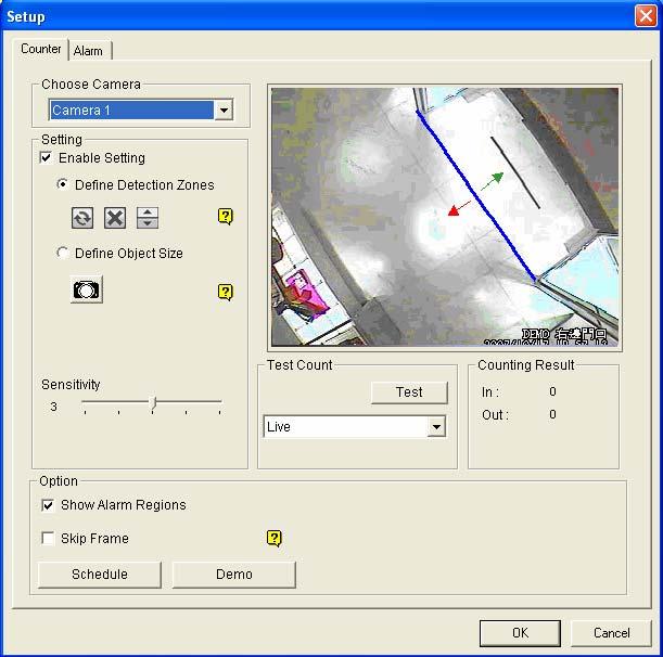 3.4.1 Object Counting To define the counter to count target objects, click the Counter tab. With an AVP Dongle Set up the counter by using lines to mark the boundary of detection zones. Figure 3-19 1.